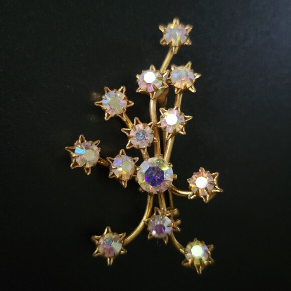 Vintage Austria Crystal Aurora Borealis Starburst Firework Brooch Gold Tone - Picture 1 of 6
